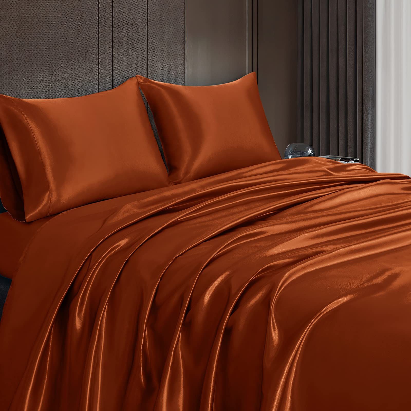 Homiest 4Pcs Satin Sheets Set Luxury Silky Satin Bedding Set With Deep Pocket, 1 Fitted Sheet + 1 Flat Sheet + 2 Pillowcases (Full Size, Burnt Orange)