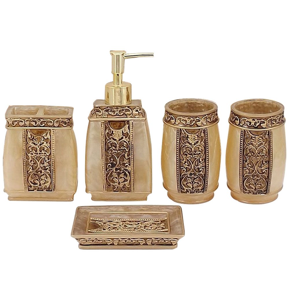 LUANT 5 Piece Bathroom Accessories Set, Collection Bath Set Features Soap Dispenser, Toothbrush Holder, Tumbler, & Soap (Golden