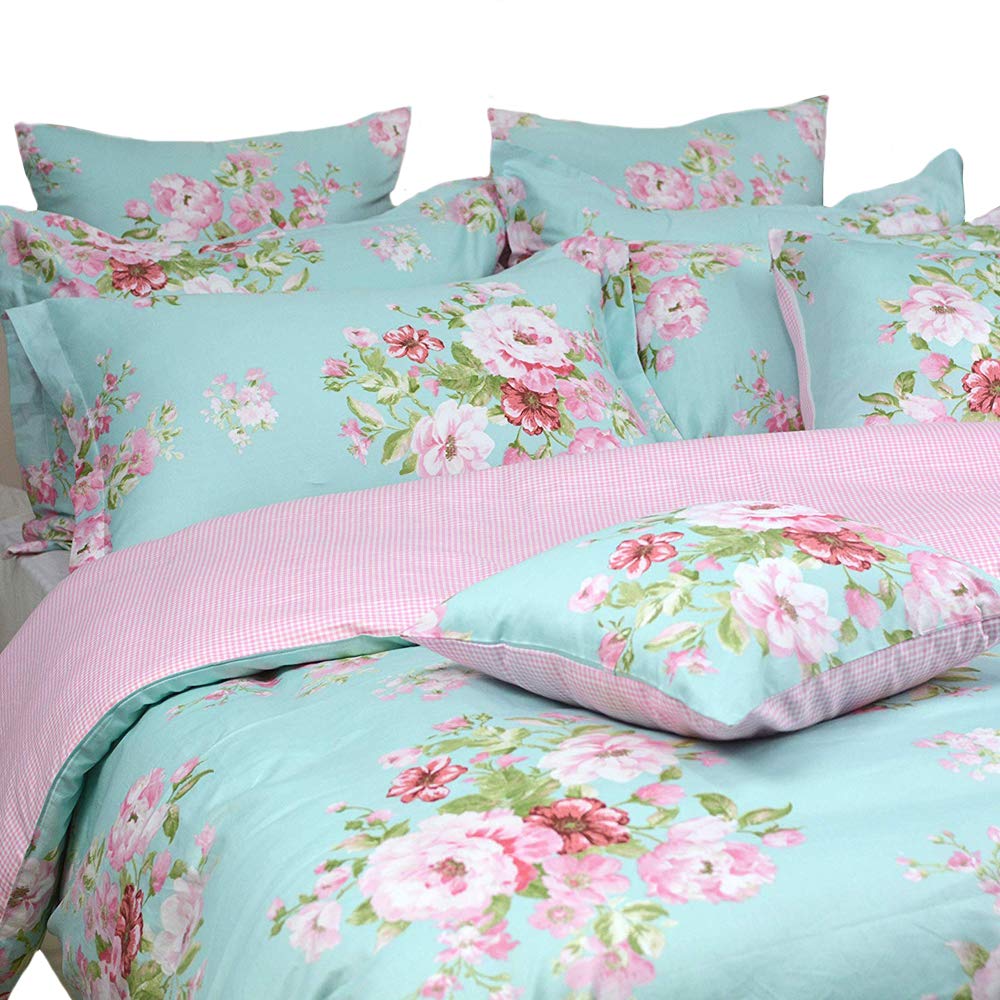 Fadfay Shabby Floral Duvet Cover Set Pink Grid Cotton Farmhouse Bedding With Hidden Zipper Closure 3 Pieces, 1Duvet Cover & 2Pil