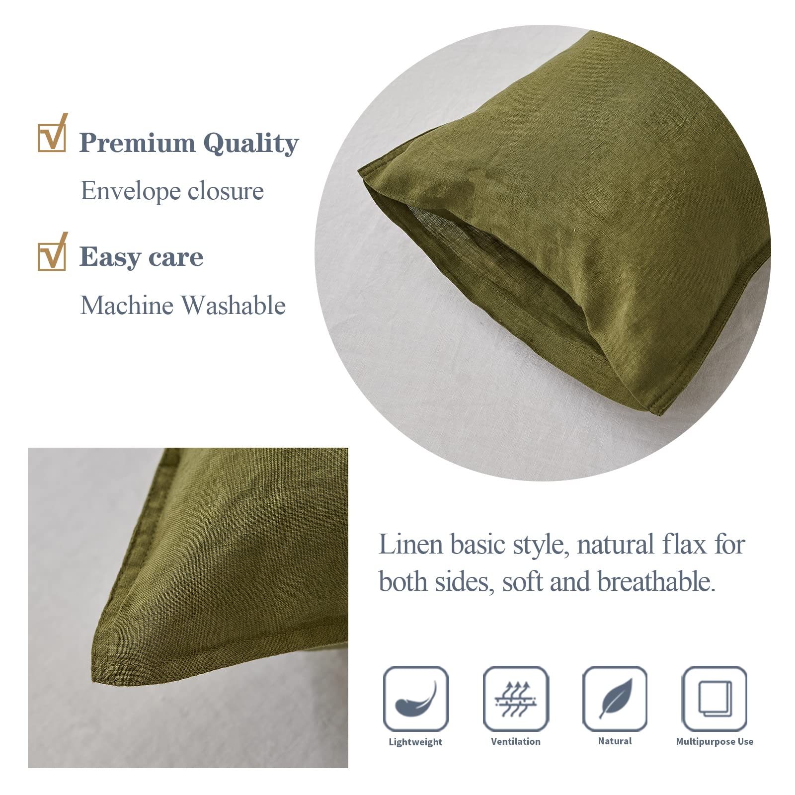 Simple&Opulence 100% Linen Lumbar Pillow Cover 12 X 20 Inches Set Of 2 Rectangular Decorative Throw Cushion Cover For Couch Sofa Bed Living Room Office Soft Breathable Farmhouse - Olive Green