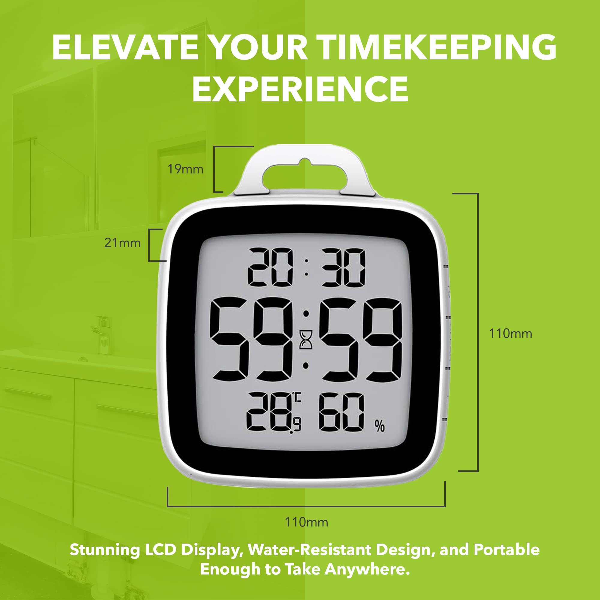 Baldr Digital Shower Clock With Timer - Waterproof Shower Timer For Kids & Adults - Perfect Bathroom Clock That Displays Time &