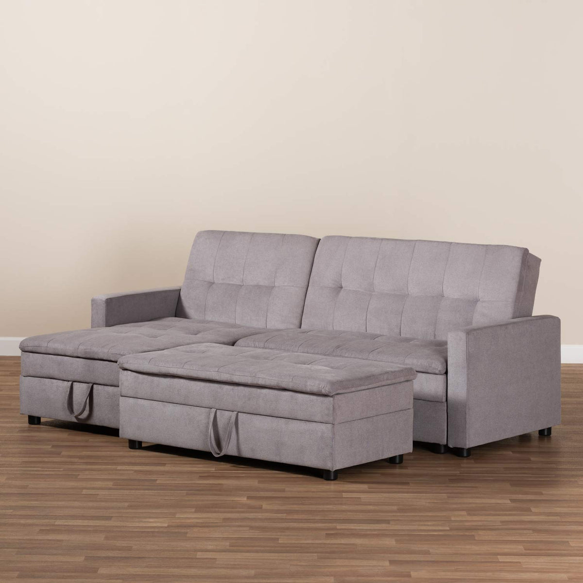 Baxton Studio Noa Modern and Contemporary Light Grey Fabric Upholstered Left Facing Storage Sectional Sleeper Sofa with Ottoman