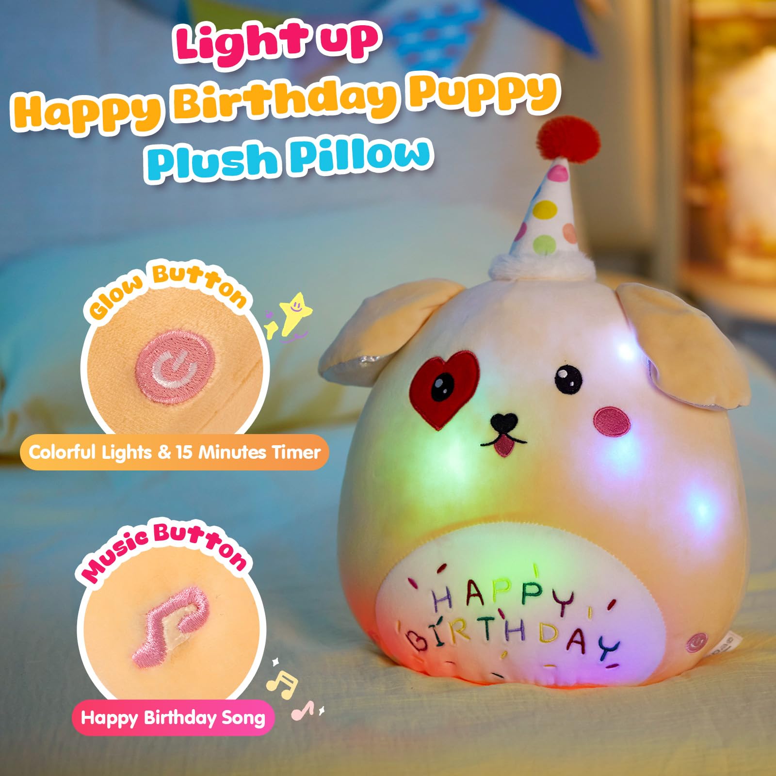 Bstaofy Light Up Music Happy Birthday Puppy Dog Soft Plush Pillow Birthday Stuffed Animal Dog Birthday Gift For Toddler Kids Gir