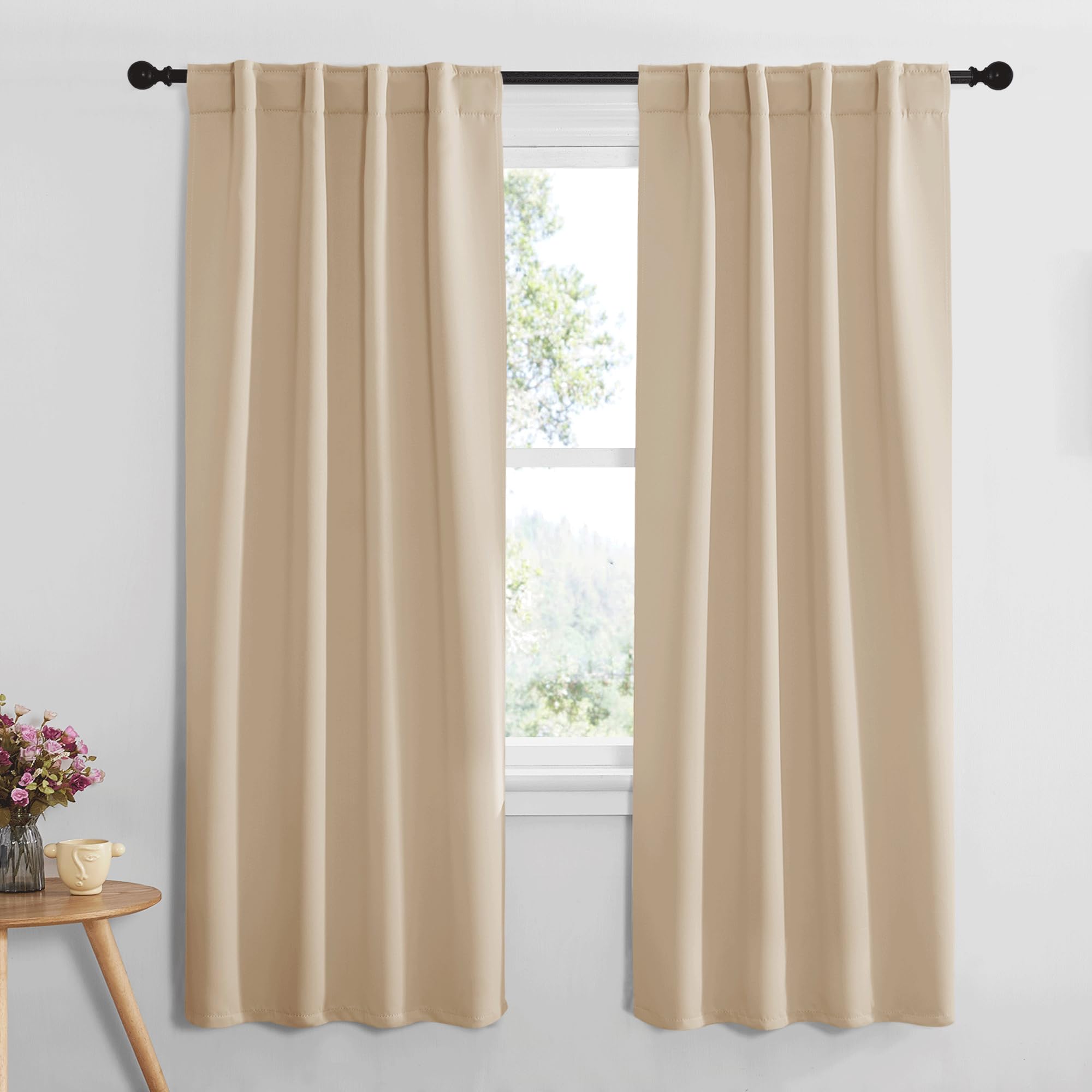 Nicetown Window Treatment Room Darkening Curtains - (Biscotti Beige Color) 34 Width X 72 Length, 1 Pair, Solid Thermal Insulated Blackout Rod Pocket & Back Tab Curtains And Drapes For Bedroom
