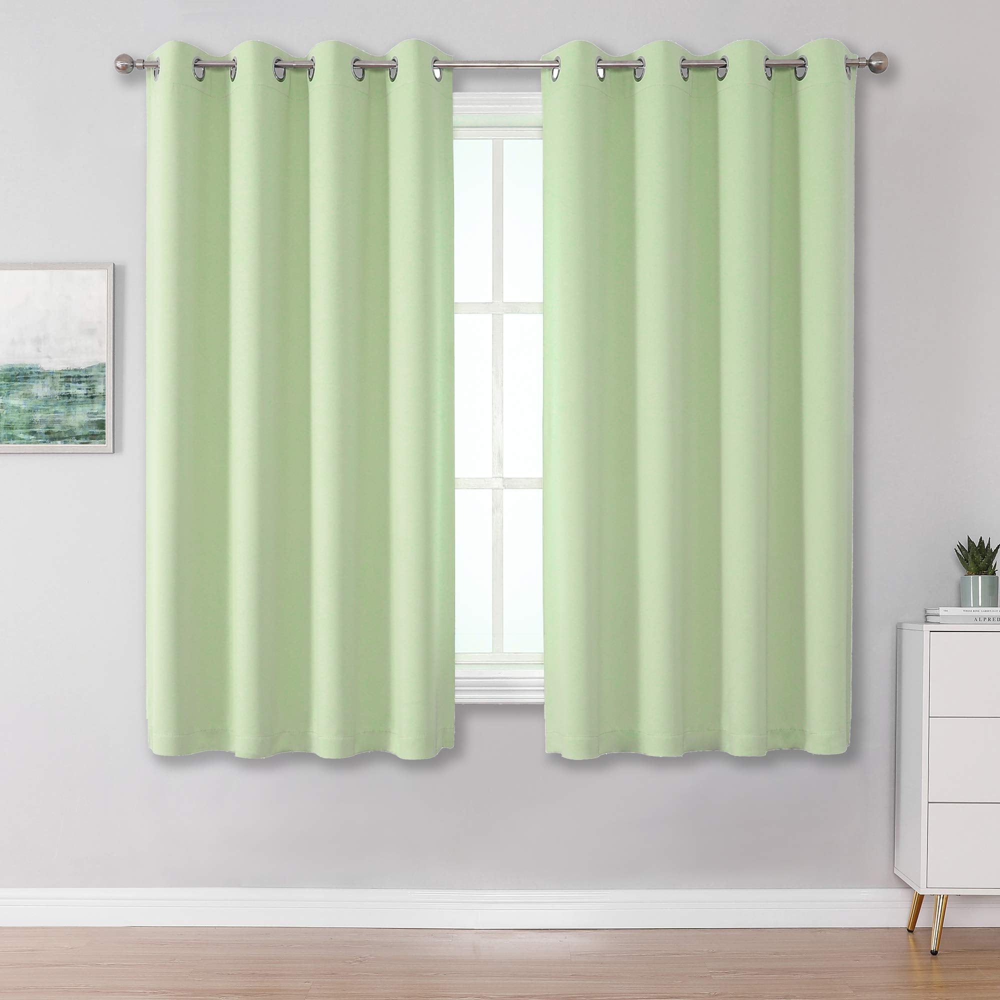 Dualife Light Green Blackout Curtain Panels/Drapes For Living Room 45 Inch Length Solid Energy Efficient Room Darkening Bedroom