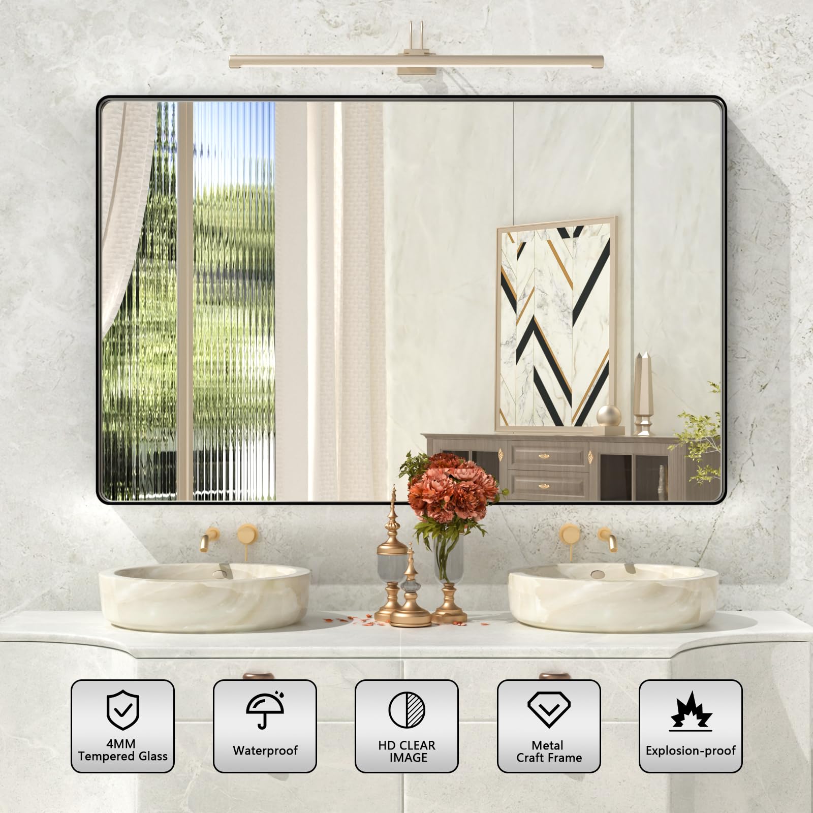 Istripmf Bathroom Mirror Black,55X36 Inch Large Matte Black Bathroom Vanity Mirror,Rectangle Black Metal Framed Mirror For Wall,