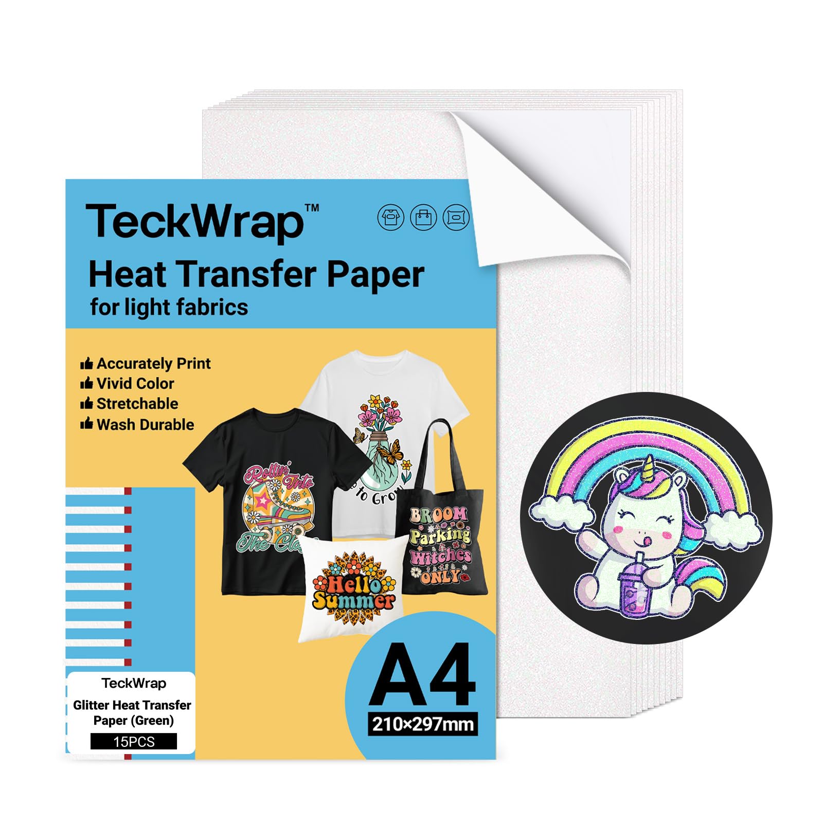 Teckwrap Printable Heat Transfer Paper For T-Shirts 15 Sheets, 8.3' X 11.7' Printable Heat Transfer Vinyl For Inkjet Printer,