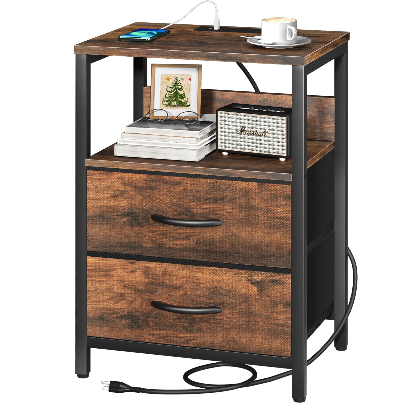 Yoobure Nightstand With Charging Station, Small Night Stand With Fabric Drawers And Storage Shelf For Bedrooms, Small Spaces, Bedside Table With Usb Ports & Outlets