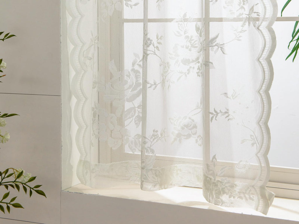 Seekright Ivory Kitchen Curtains 30 Inch Length Rod Pocket Light Filtering Sheer Lace Cafe Curtains 2 Panels Set Modern Floral L