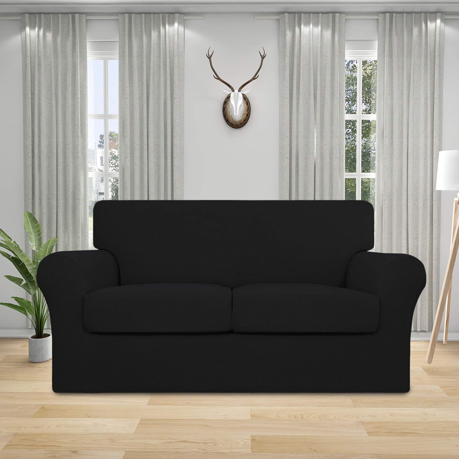 Easy-Going 3 Pieces Stretch Couch Cover Sofa Cover For Dogs Washable Sofa Slipcover For 2 Separate Cushion Couch Spandex Jacquard Fabric Elastic Furniture Protector For Pets, Kids (Black, Loveseat)