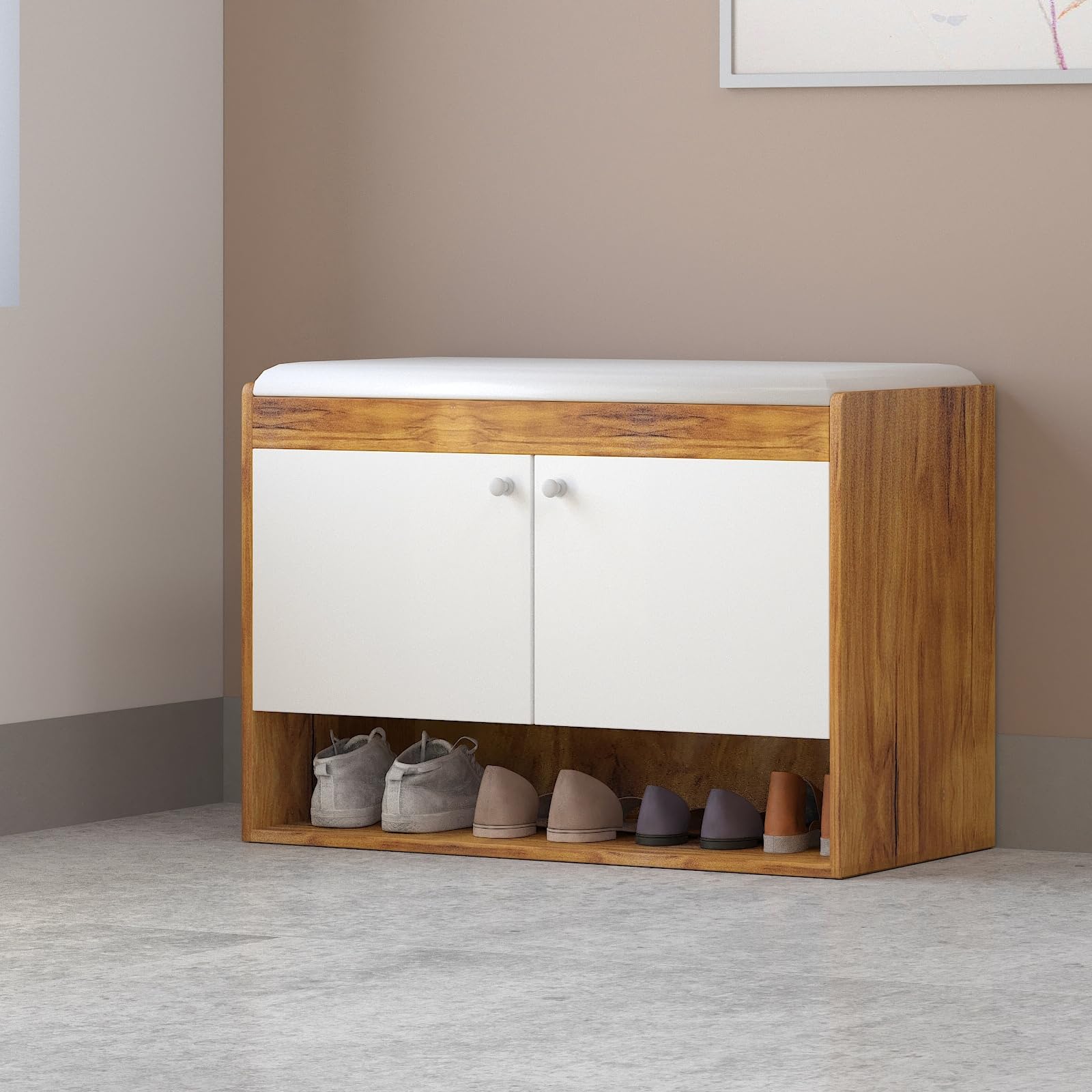 Callas Shoe Rack Storage Bench, Holds 9 Pairs, 3Tier Rack With Cushion Seat And Closed Cabinet (Brown, Sr17)