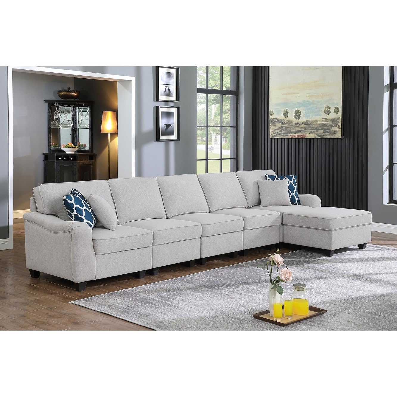 Lilola Home Leo Light Gray Linen 6 Seater Sofa and Ottoman