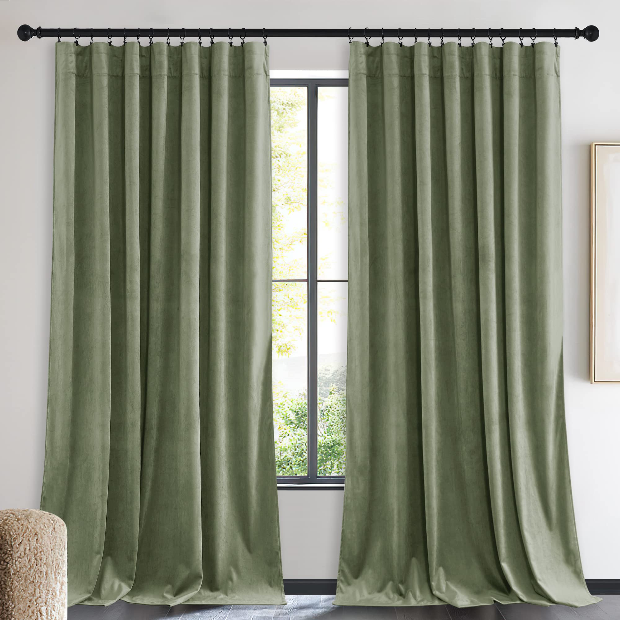 Nicetown Sage Green Blackout Curtains 90 Inches Long 2 Panels (62-Inch Wide), Farmhouse And Sleek Velvet Drapes And Curtains For Doorway, Office, Dorm