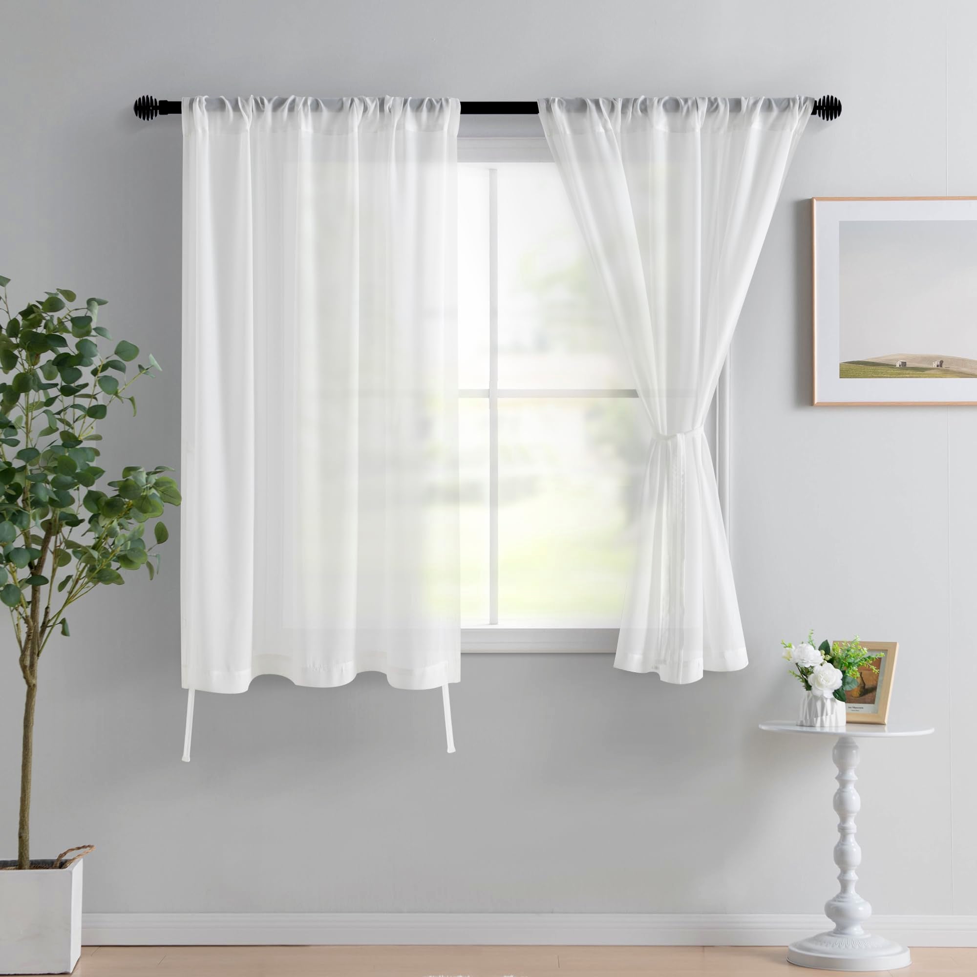 Hiasan Sheer Curtains 54 Inches Length With Tiebacks, Light Filtering Voile Textured Drapes Lightweight Rod Pocket Window Curtai