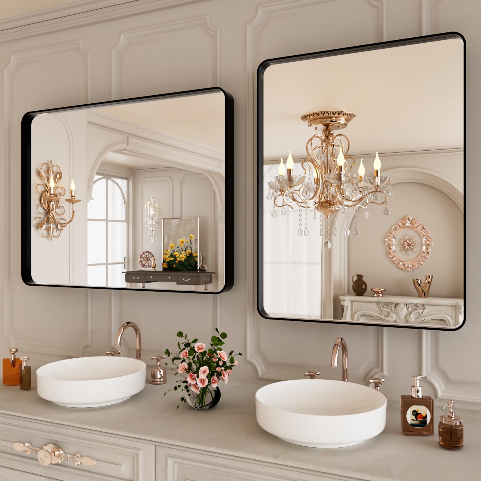 Istripmf Black Bathroom Vanity Mirror 24X30 Inch,Rounded Rectangle Matte Black Mirror For Bathroom Wall,Tempered Glass,Horizonta