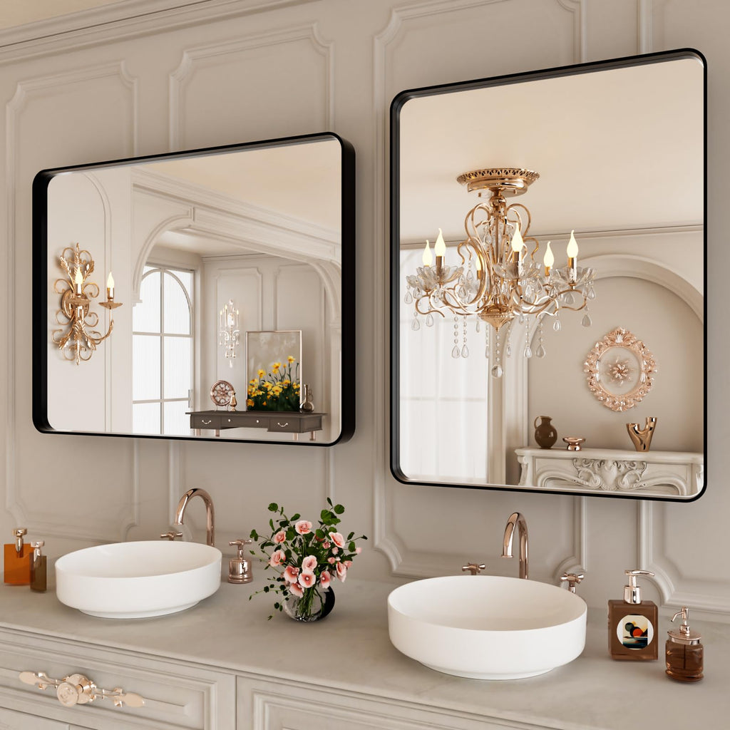 Istripmf Black Bathroom Vanity Mirror 24X30 Inch,Rounded Rectangle Matte Black Mirror For Bathroom Wall,Tempered Glass,Horizonta