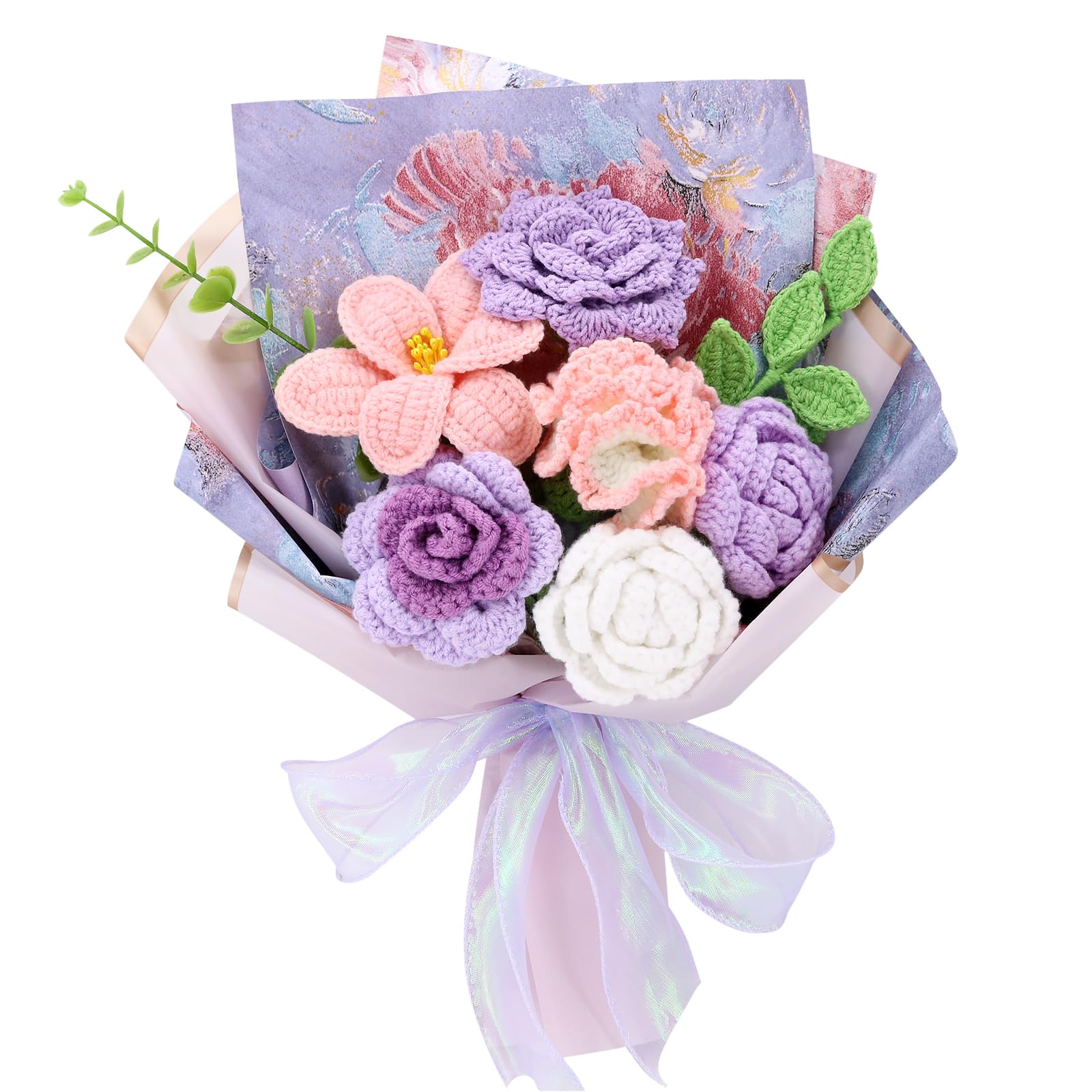 FUCAN Crochet Flowers, Finished Bouquet, Cotton Thread, Handmade, Gift for Lover, Friend, Teacher, Wedding Anniversary, Purple, 