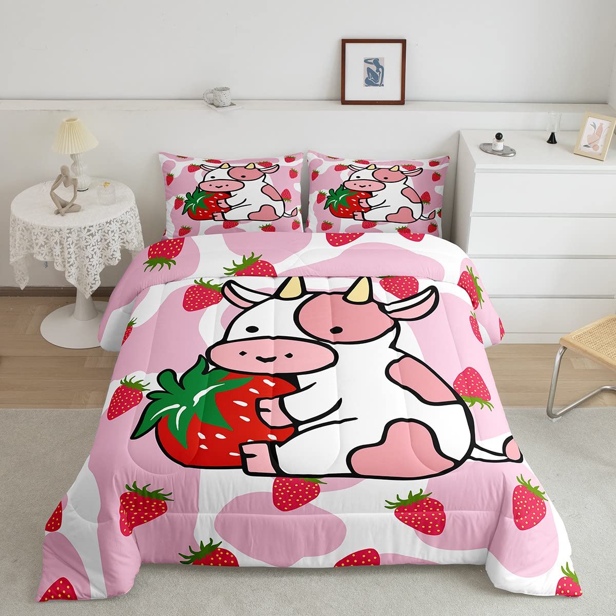 Feelyou Milk Cow Comforter Pink White Cow Strawberry Pattern Comforter Set Bedding Set For Kids Adults Kawaii Girls Milk Cow Pri