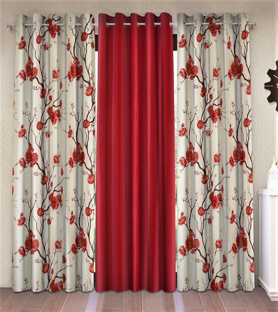 Fashion String 3 Piece 3D Tulips Eyelet Polyester Long Door Curtains  9 Feet, Maroon
