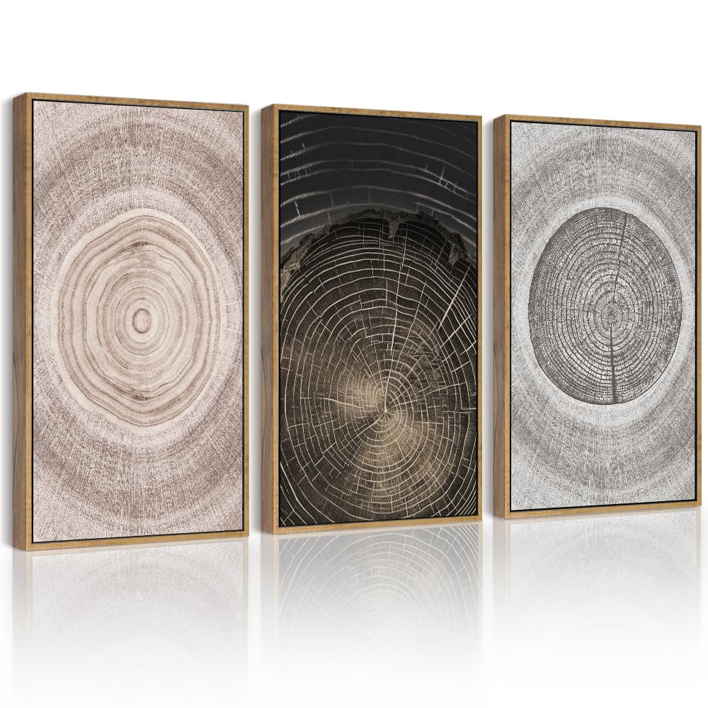 PHOPAGO Vintage Wood Tree Rings Wall Art 16x24in Farmhouse Rustic Framed Canvas Paintings Living Room Bedroom Decor Nature Artwo