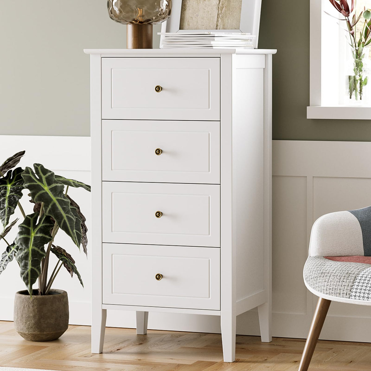 Ttview 4 Drawer Dresser, White Dresser Antique Chest Of Drawers With Solid Frame, Tall Wood Dresser Storage Chest Cabinet For Living Room, Bathroom, Entryway, White