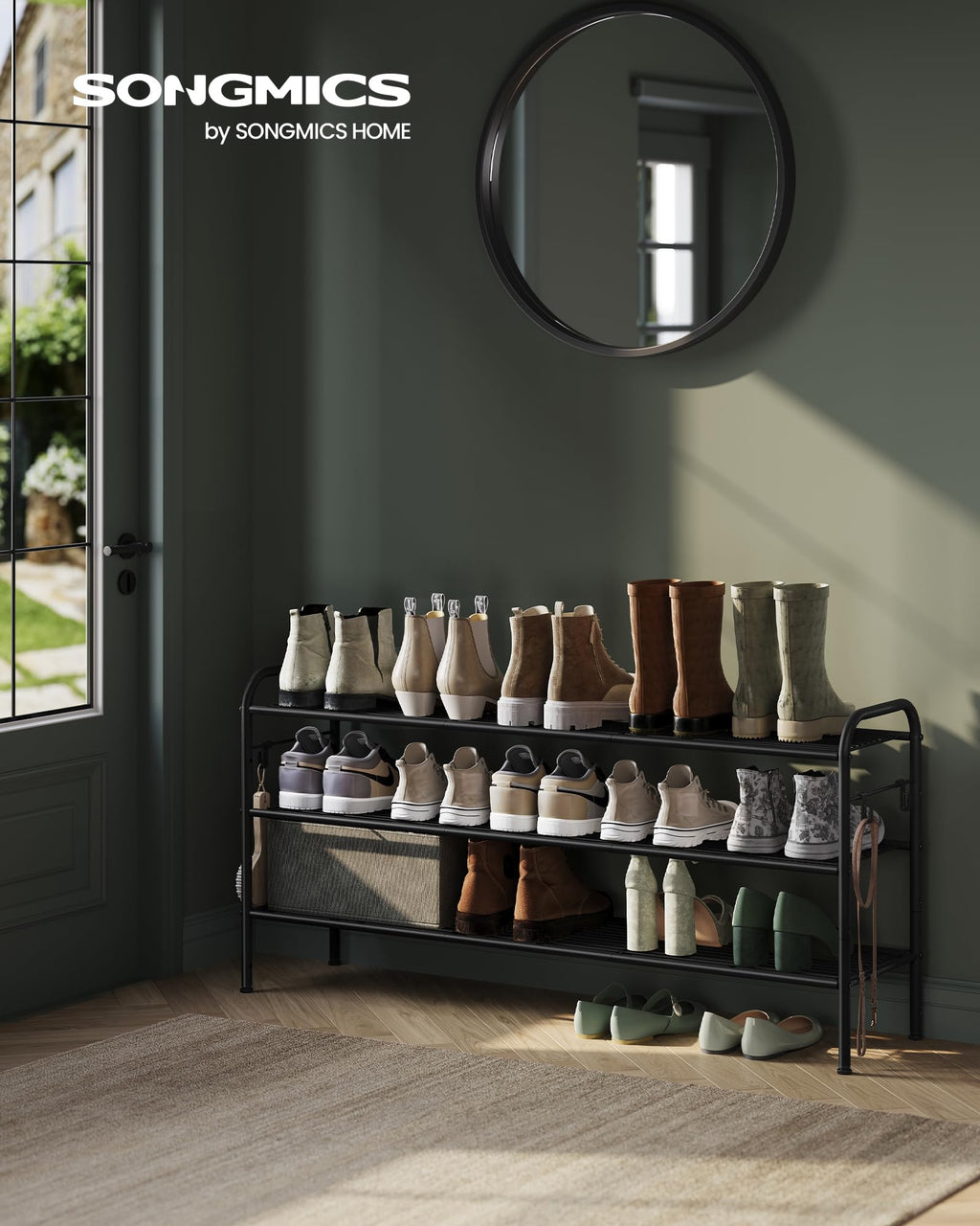 Songmics Shoe Rack, 3-Tier Shoe Organizer, Metal Shoe Shelf Storage With 4 Side Hooks, Holds 18 Pairs Of Shoes, Height-Adjustable Shoe Rack For Entryway, Hallway, Closet, Easy Assembly, Ink Black