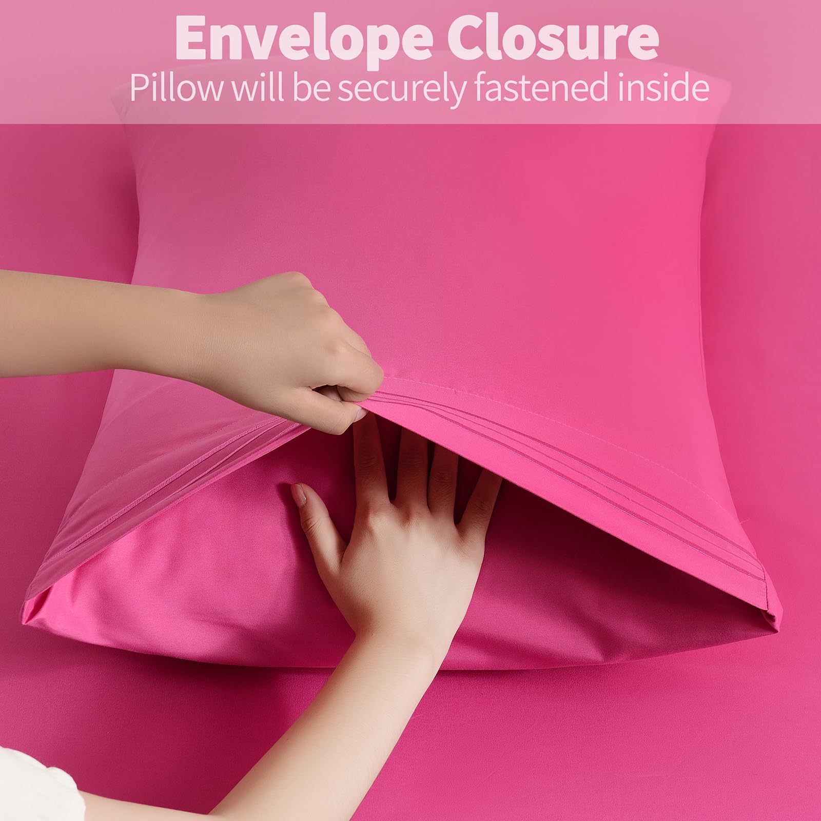 Horbaunal 2 Pack Microfiber Pillowcases Standard Size Hot Pink Bed Pillow Cases With Envelope Closure, 1800 Thread Count Soft &