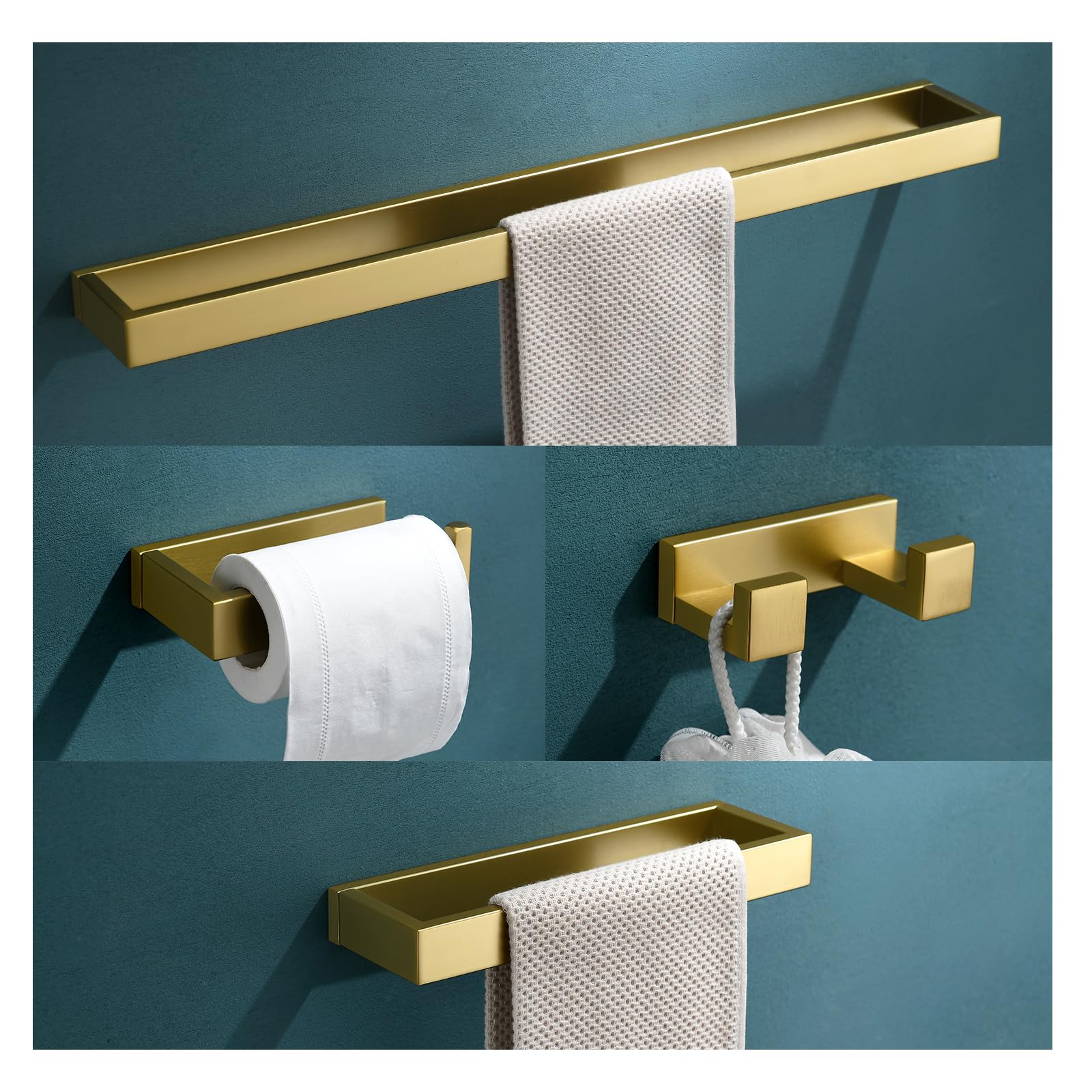 TNOMS 4-Piece Modern Gold Bathroom Hardware Accessories Set - Towel Bar & Holder, Stainless Steel, Wall Mounted, 23.6 Inch
