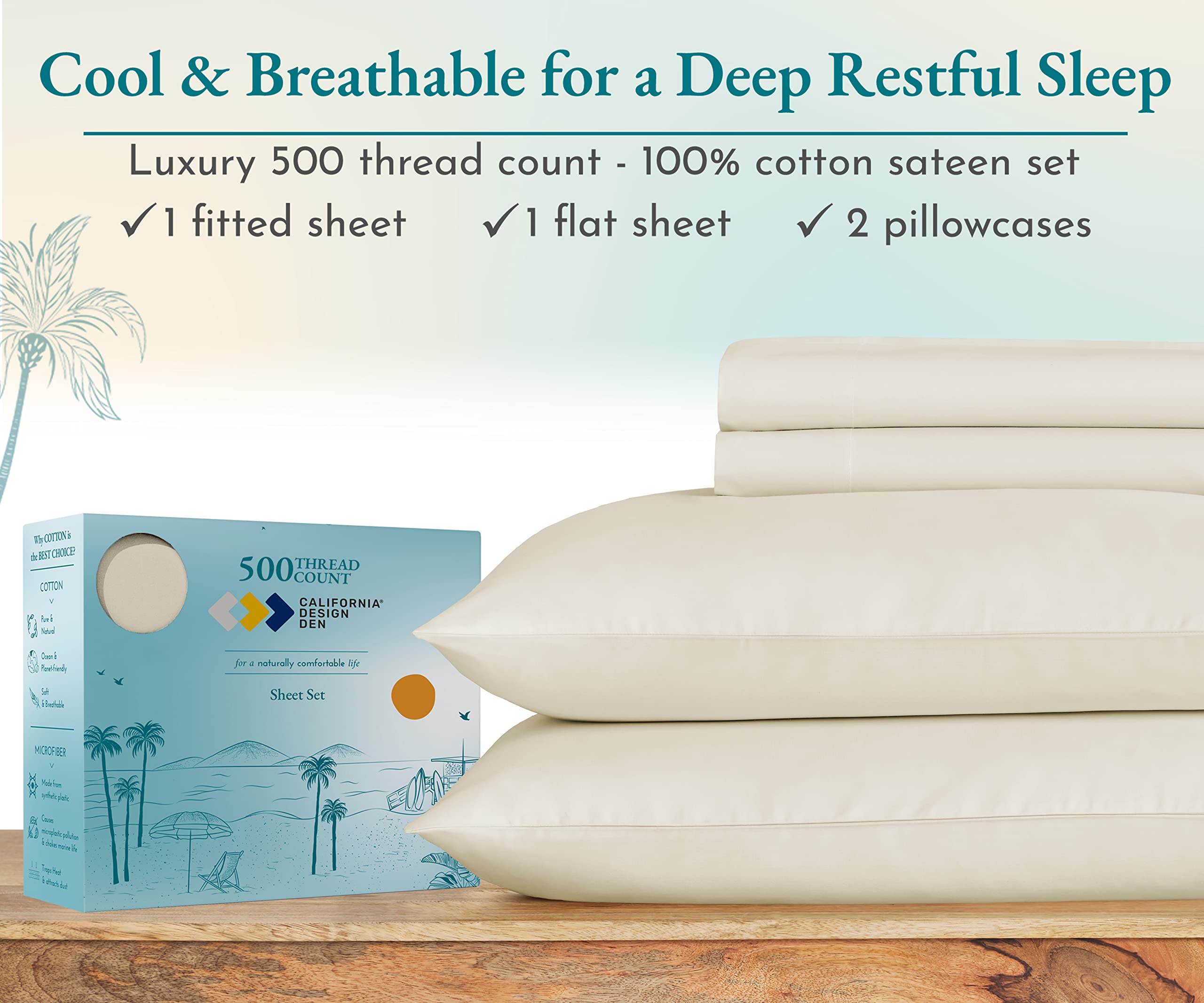 California Design Den Full Size Sheet Set - 100% Cotton 500 Thread Count, Cooling Deep Pocket Bed Sheets With Fitted Elastic She