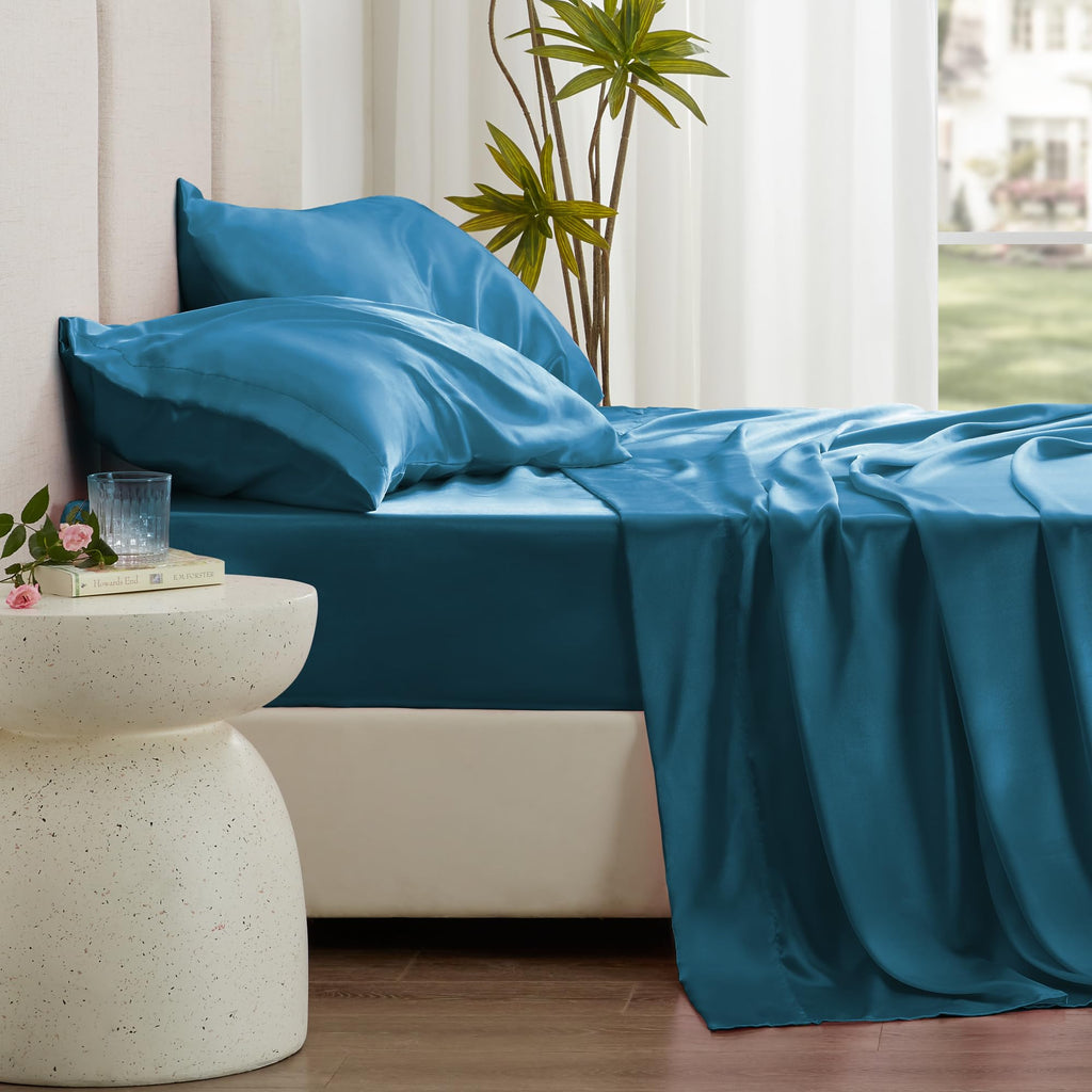 Love'S Cabin Satin King Sheet Sets - 4 Piece Teal Silky Satin Sheets King Size Bed Set With Deep Pocket, Luxury Silk Feel King Size Satin Sheet Set (1 Flat Sheet,1 Fitted Sheet,2 Pillow Cases)