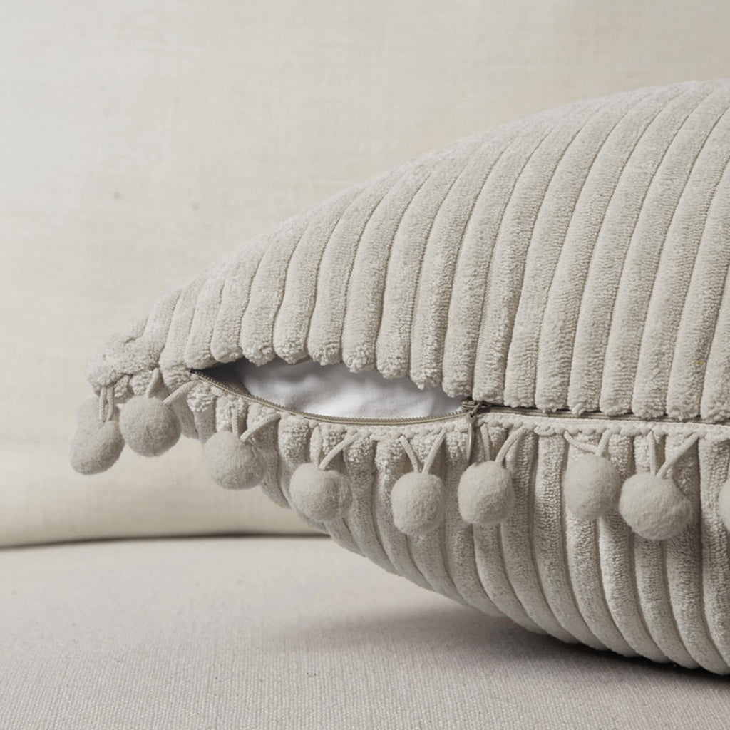 Fancy Homi Pack Of 2 Boho Neutral Taupe Lumbar Decorative Throw Pillow Covers With Pom-Poms, Soft Corduroy Solid Rectangle Cushi