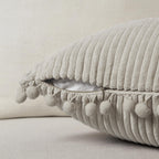 Fancy Homi Pack Of 2 Boho Neutral Taupe Lumbar Decorative Throw Pillow Covers With Pom-Poms, Soft Corduroy Solid Rectangle Cushi