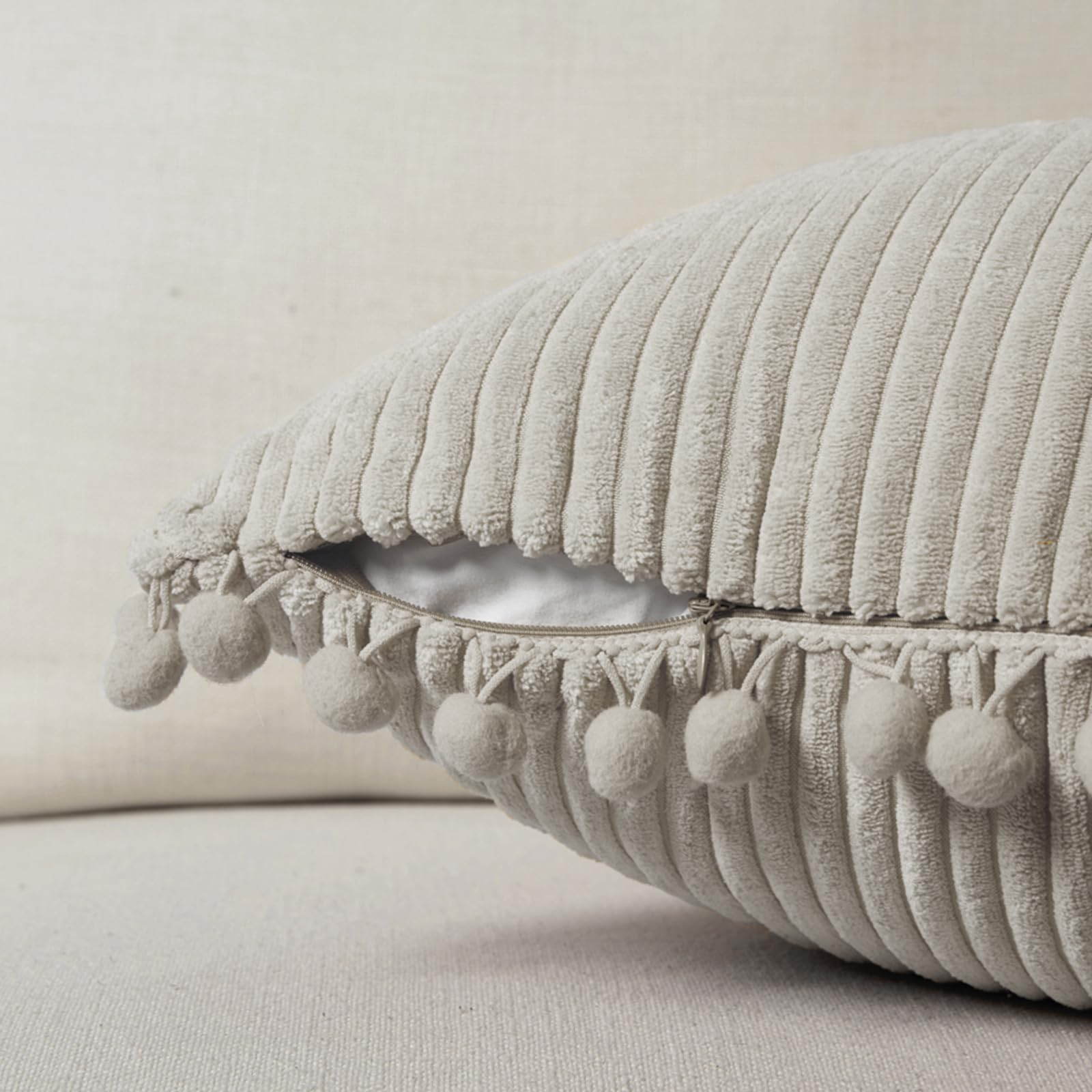 Fancy Homi Pack Of 2 Boho Neutral Taupe Lumbar Decorative Throw Pillow Covers With Pom-Poms, Soft Corduroy Solid Rectangle Cushi