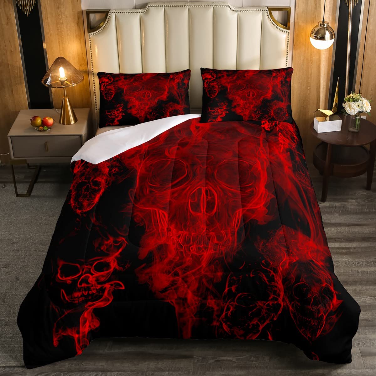 Gothic Skull Bedding Set Red and Black Skeleton Comforter Set King For Kids Boys Teen Men,Psychedelic Goth Skull Quilted Duvet T