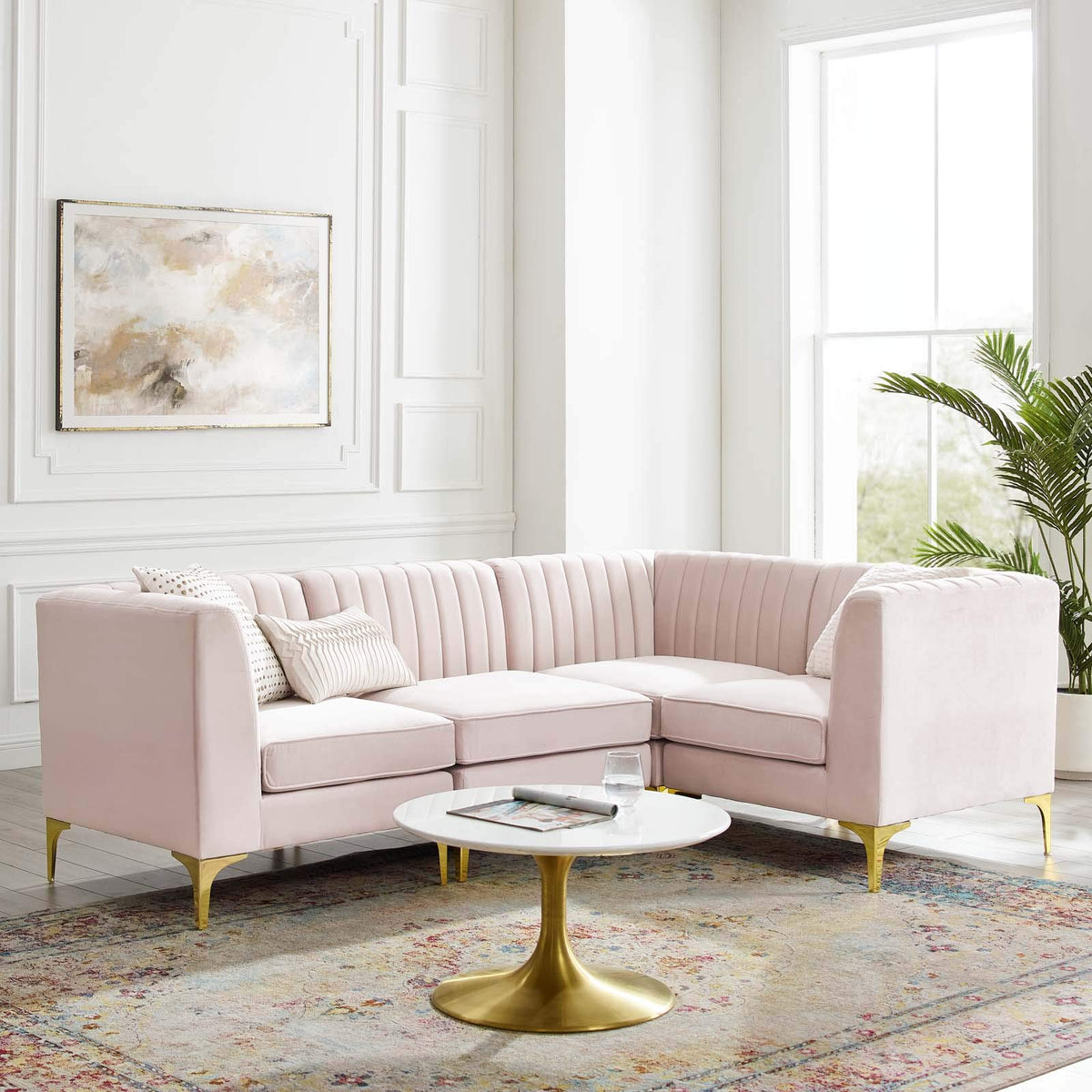 Modway Triumph Channel Tufted Performance Velvet 4-Piece Sectional Sofa, Pink