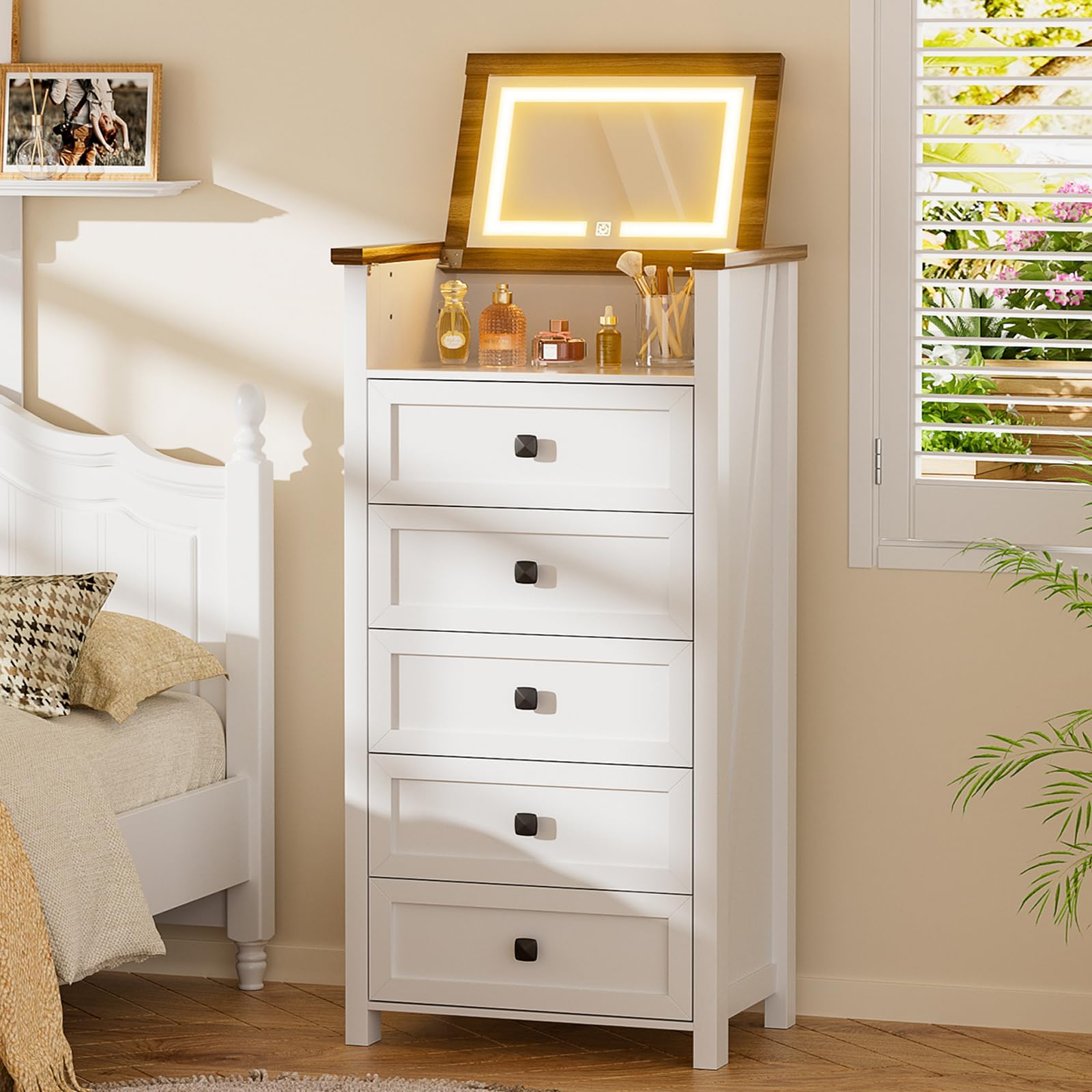 BROTTAR Dresser with Mirror for Kids Bedroom, 47- 63 Tall Dresser with 5 Drawer, LED Makeup Mirror, Chest of Drawers, Farmhouse 