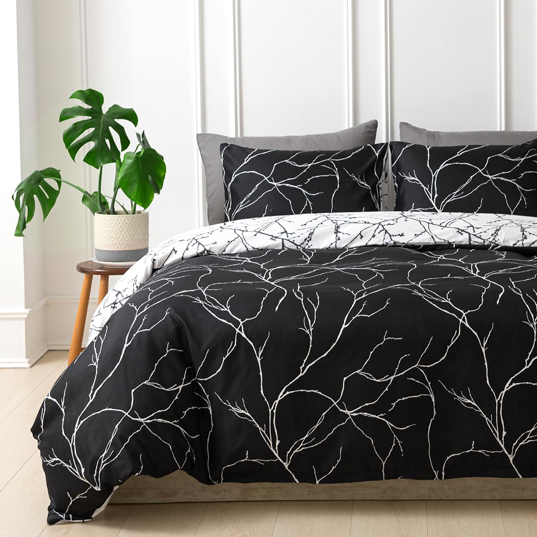 Lekesky Reversible Duvet Cover Queen Size, Black Branch Comforter Cover Queen 3Pcs Microfiber Botanical Bedding Set With Zipper