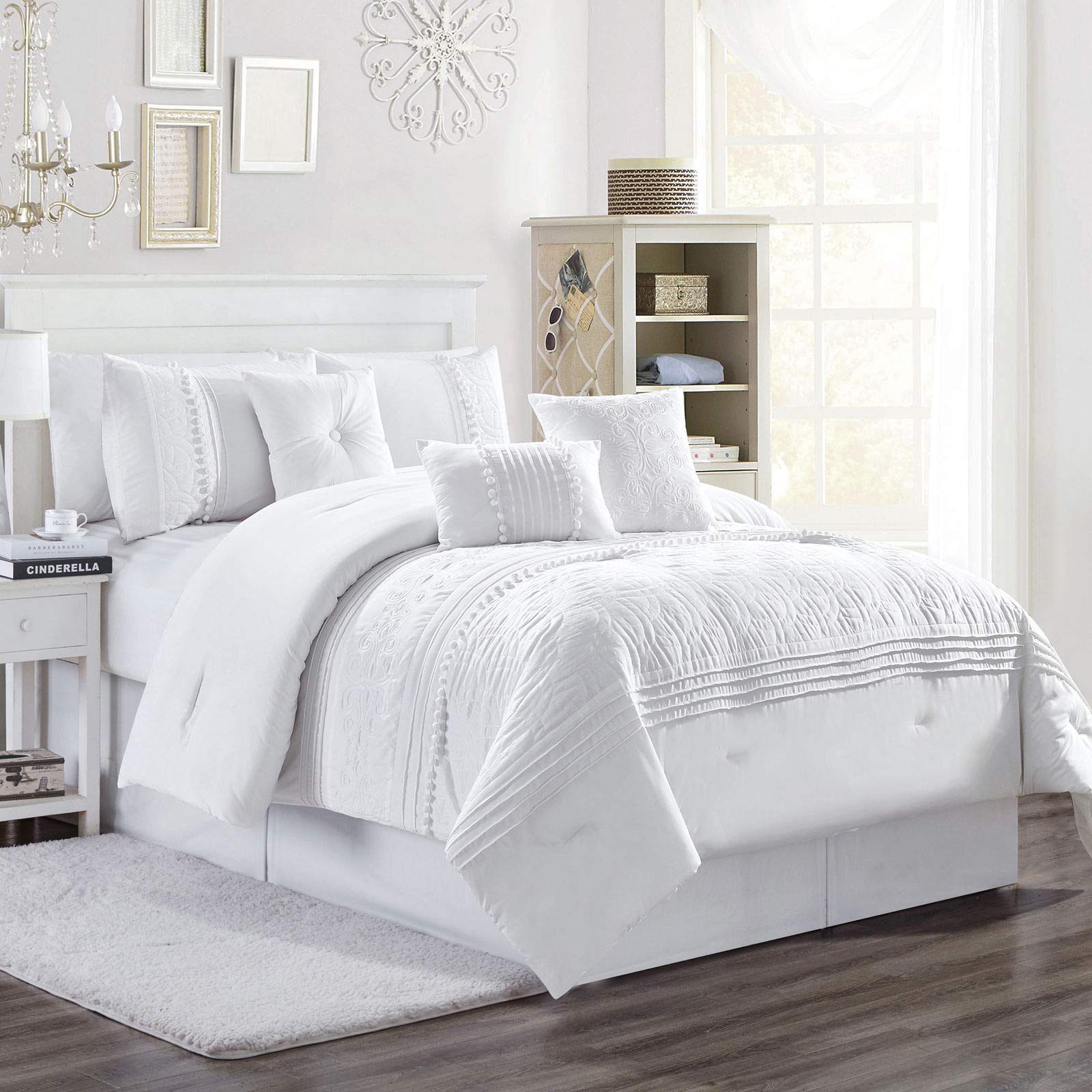 Chezmoi Collection Grace 7-Piece White Floral Chenille Embroidered Pom Pom Pleated Stripe Comforter Set, Full