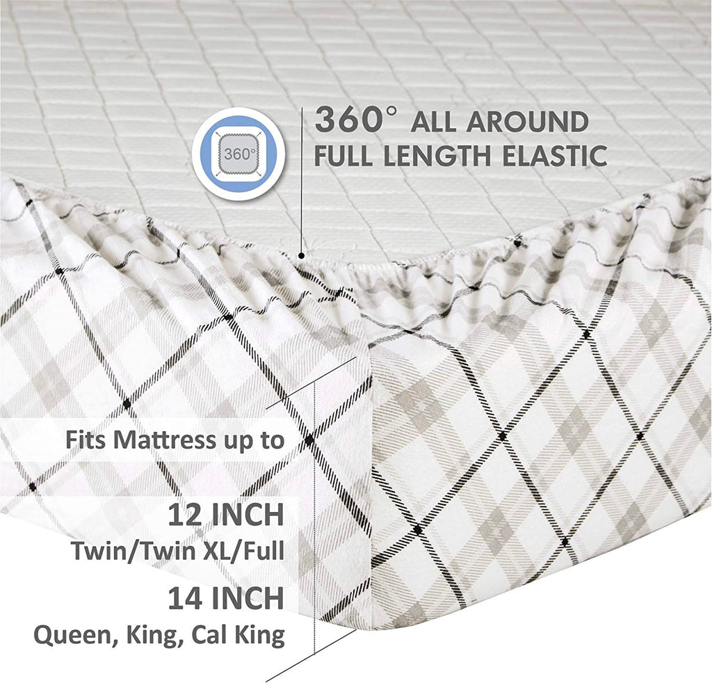 Comfort Spaces Cotton Flannel Breathable Warm Deep Pocket Sheets With Pillow Case Bedding, Cal King, Grey Plaid 4 Piece