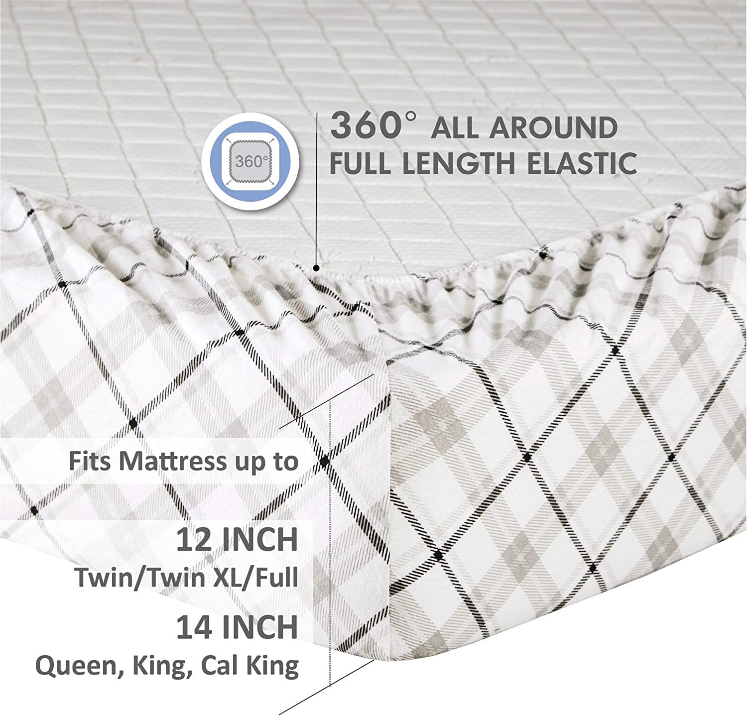 Comfort Spaces Cotton Flannel Breathable Warm Deep Pocket Sheets With Pillow Case Bedding, Cal King, Grey Plaid 4 Piece