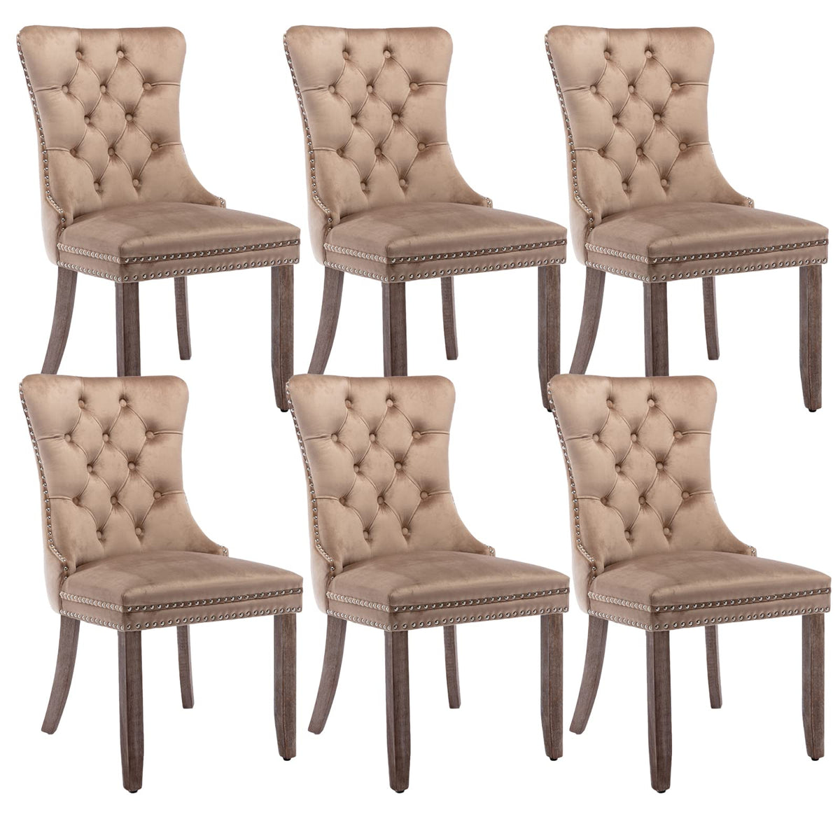 Upholstered Dining Chairs Set Of 6, Velvet Dining Room Chairs With Back Ring Pull Trim And Solid Wood Legs, Tufted Wingback Kitc