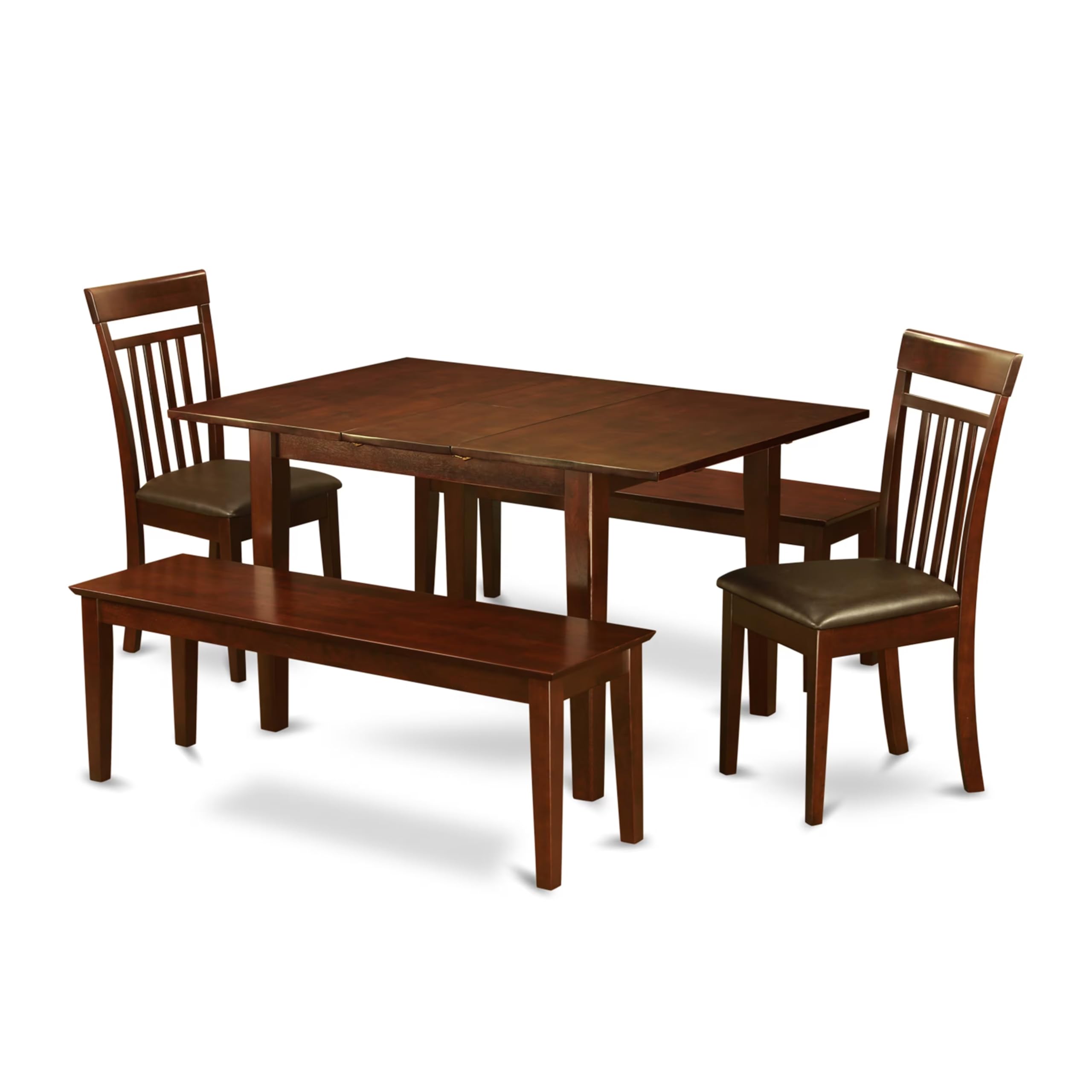 East West Furniture MLCA5C-MAH-LC 5 Piece Dining Table Set Includes a Rectangle Wooden Table with Butterfly Leaf and 2 Faux Leather Dining Chairs with 2 Benches, 36x54 Inch, Mahogany