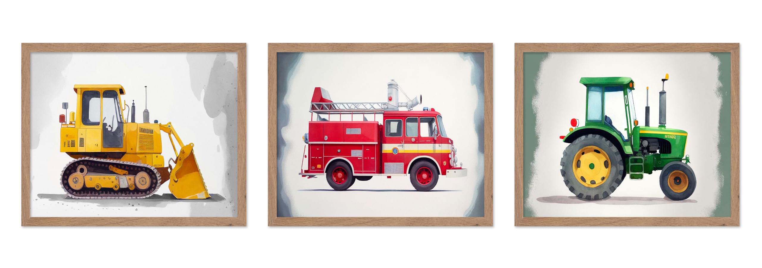 Poster Master 3-Piece Transportation Poster - Retro Vehicle Print - Gift for Kid, Friend - Bulldozer, Fire Truck, Tractor, Water
