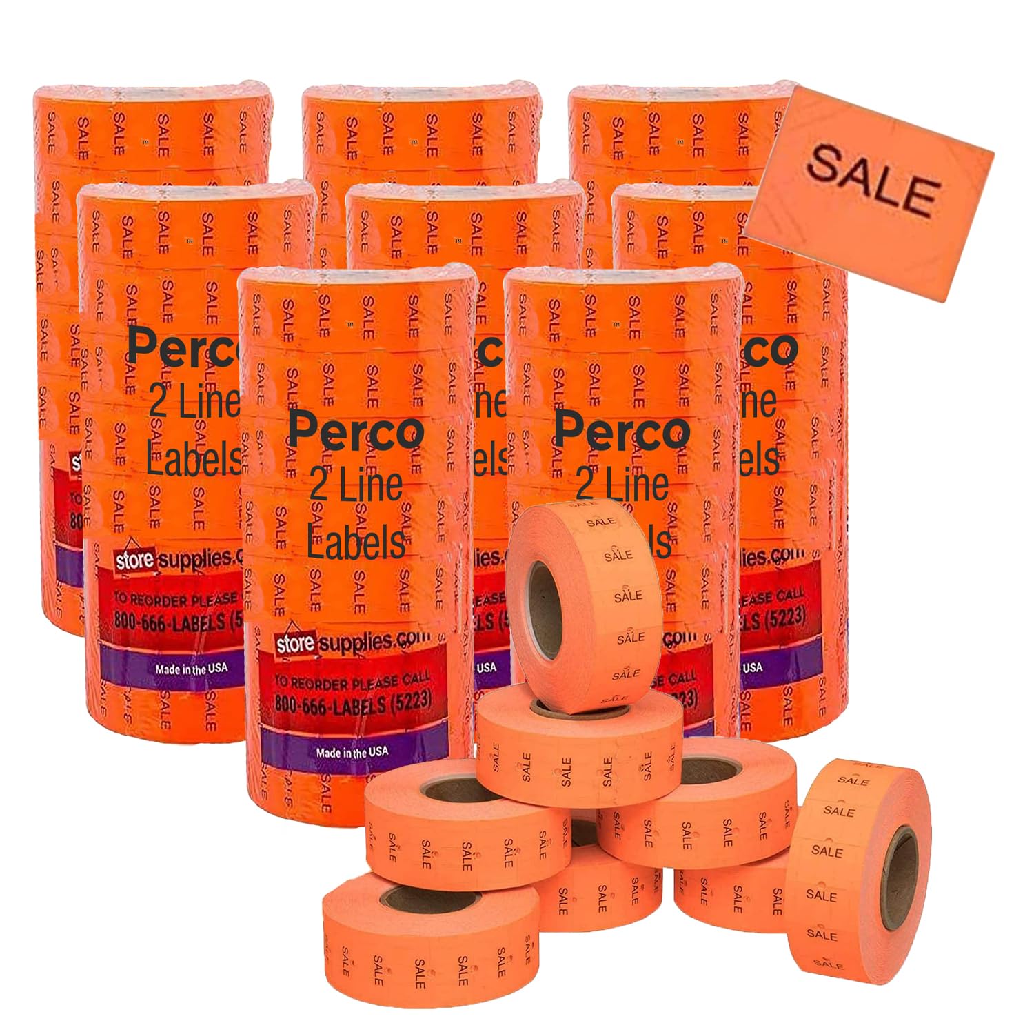 Sale Fluorescent Red Perco Labels For Perco 2 Line Labeler Gun - 10 Sleeve, 60,000 'Sale Labels For Perco 2 Line Date Guns