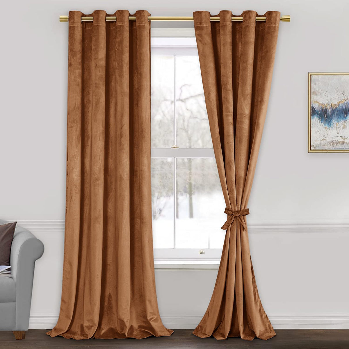 Jiuzhen Gold Brown Velvet Curtains 90 Inches Blackout Curtains For Living Room - Privacy Protect Room Darkening Grommet Thick Ve