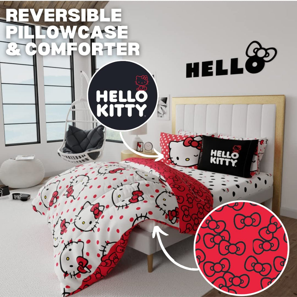 Franco Sanrio Hello Kitty Polka Dot Bedding 7 Piece Super Soft Comforter And Sheet Set With Sham, Queen, (100% Official Licensed