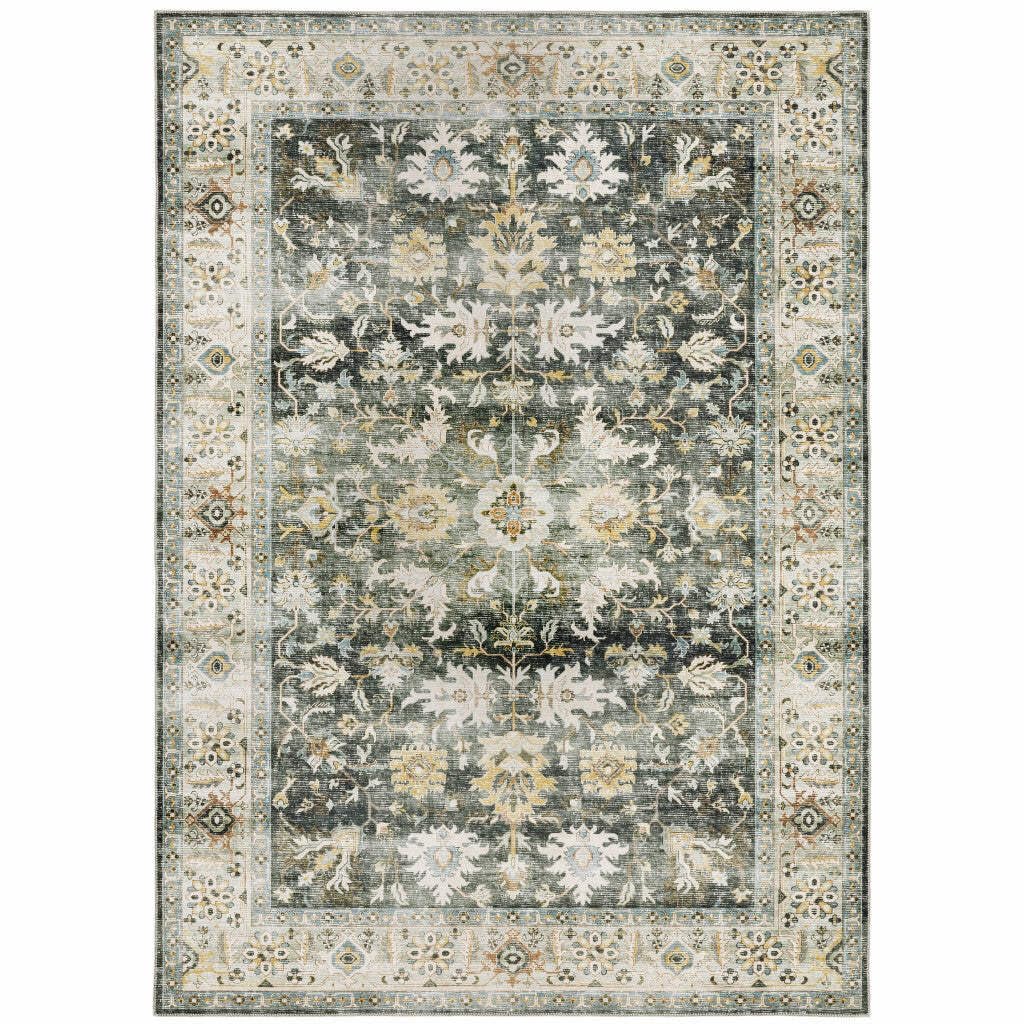 HomeRoots 510405 7 x 10 ft. Gray Charcoal Gold Brown Ivory Pale Sage & Light Blue Oriental Printed Stain Resistant Non Skid Rectangle Area Rug