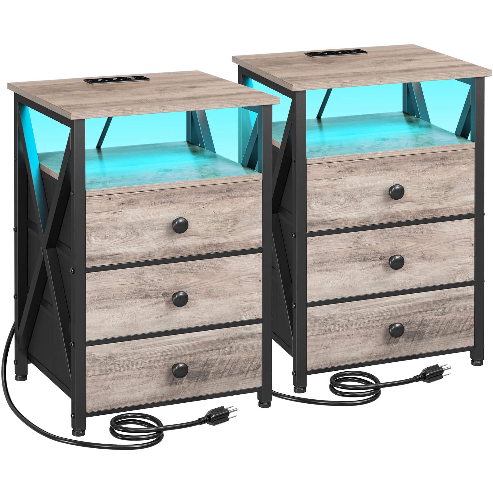 Amhancible Night Stand Set 2, Led Nightstand With Charging Station, End Side Tables With Usb Port & Outlet, Bedside Table With 3 Fabric Drawers For Bedroom Living Room, Greige, Het053Lgy