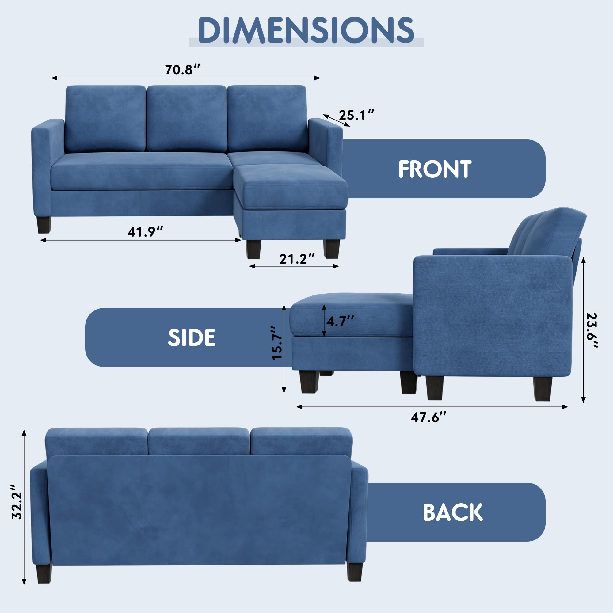 Yeshomy Convertible Sectional 3 L-Shaped Couch Soft Seat With Modern Linen Fabric, Small Space Sofas For Living Room, Apartment And Office, 70'', Blue