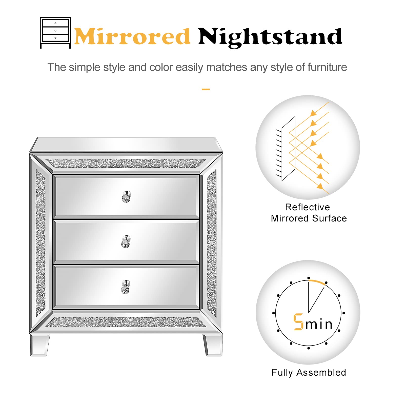 VINGLI Mirrored Nightstands Set of 2, Modern Bedside Table, 3 Drawer Glass Side End Table, Silver, 23" W x 13.8" D x 24.8" H